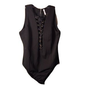 NWT AVEC Black Tie Front Bodysuit with‎ Gold Grommets & Long Zipper in Back Size